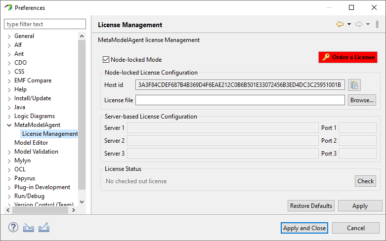 License Preference Dialog